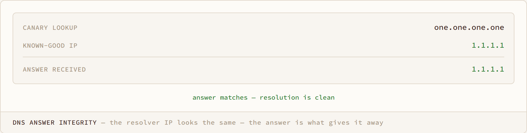 DNS Answer Integrity diagram: the resolver IP looks the same — the answer is what gives it away