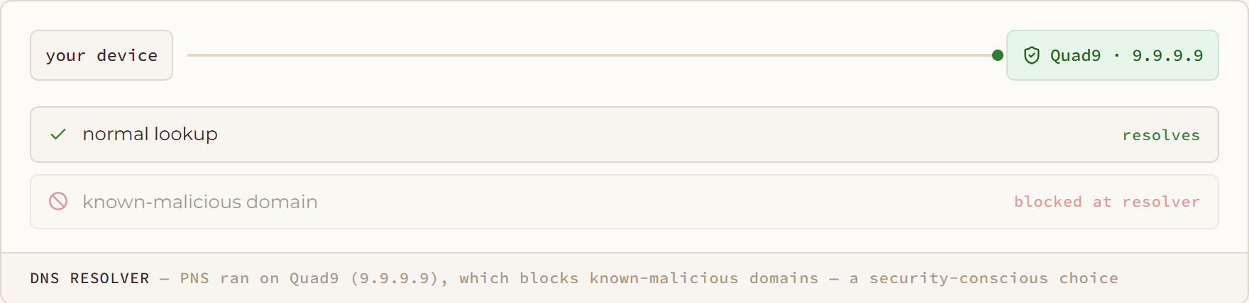 DNS Resolver diagram: PNS ran on Quad9 (9.9.9.9), which blocks known-malicious domains — a security-conscious choice