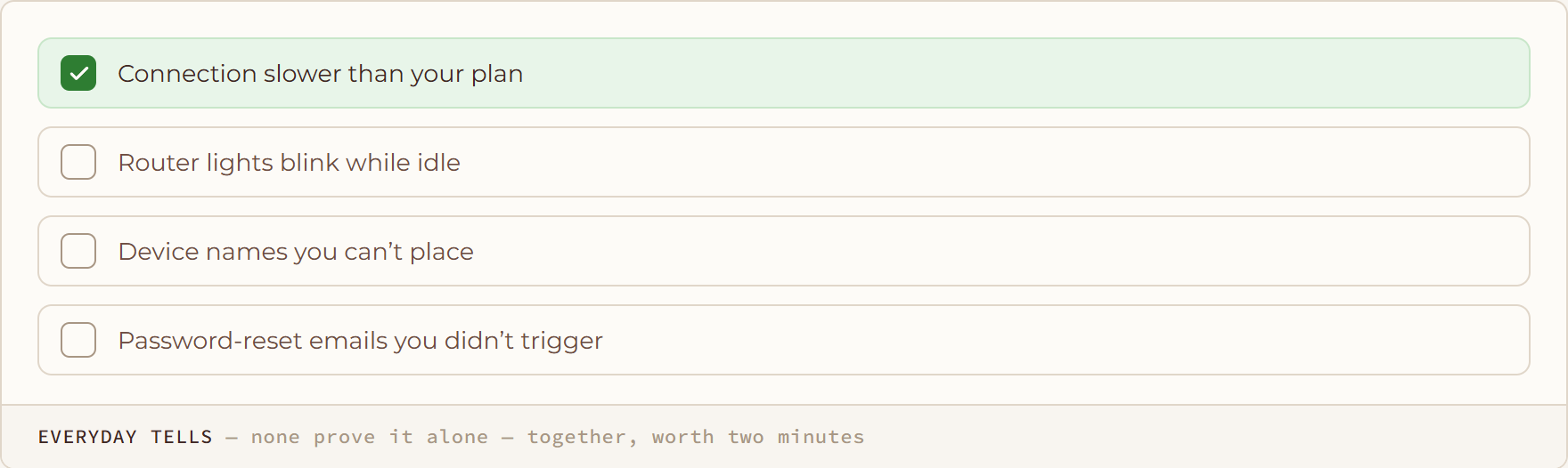 Everyday Tells diagram: none prove it alone — together, worth two minutes